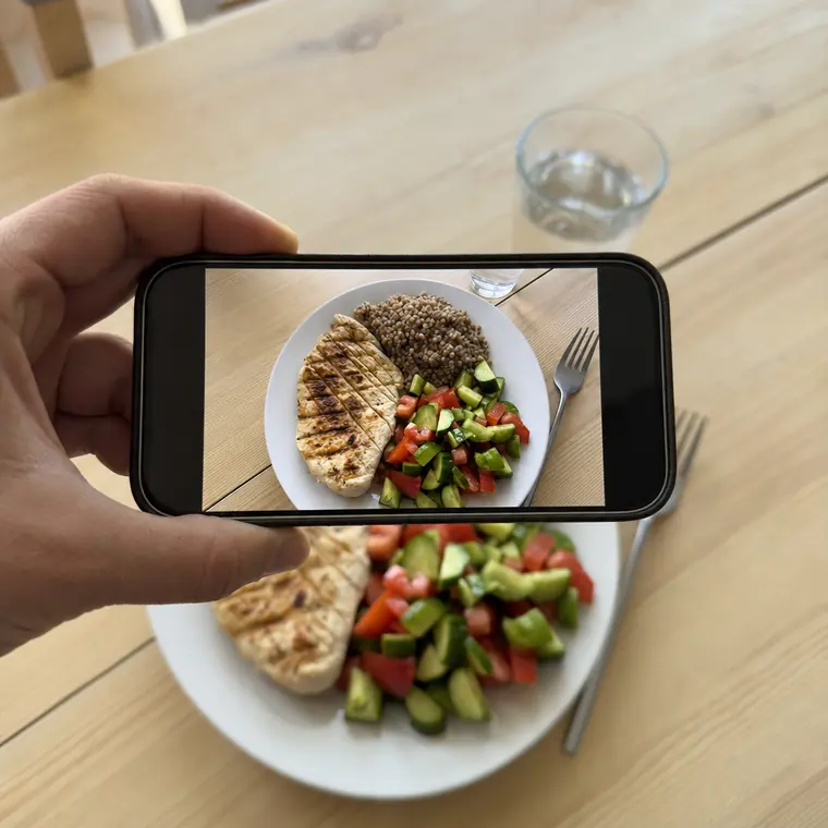 Человек фотографирует на телефон свою тарелку с куриной грудкой, гречкой и салатом